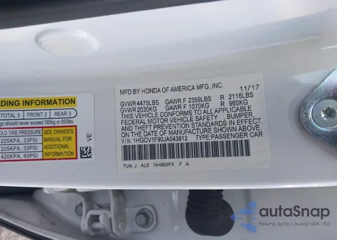 2018 Honda Accord Touring z USA, uszkodzony, nr VIN 1HGCV1F90JA043812